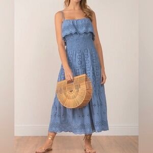 Une Ame Size Large Eyelet Midi Dress Blue Boho Smocked Tiered Cotton Cottagecore